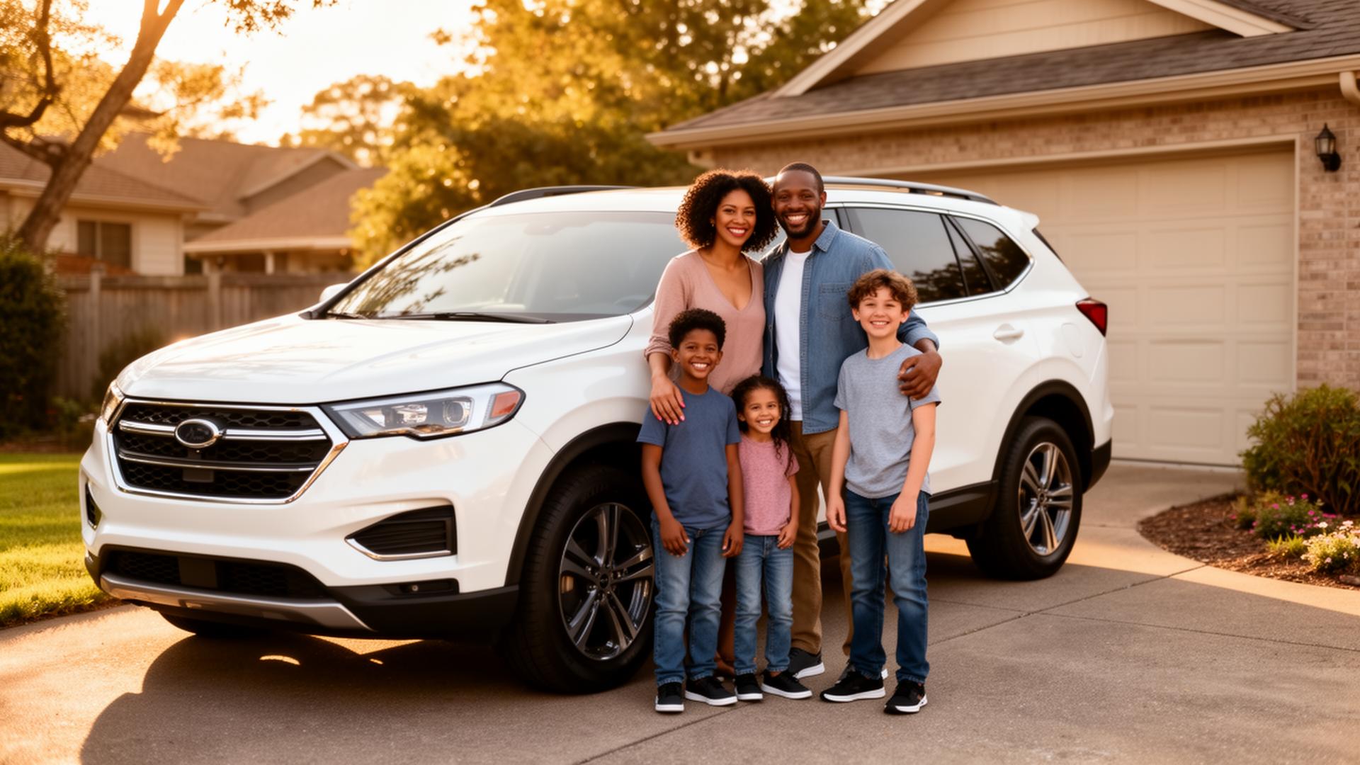 Happy family with their new car in Elizabeth, NJ
